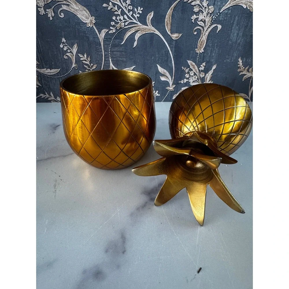 Vintage Brass Pineapple Set 3pc Hollywood Regency/Tiki Gold Barware Decor 7